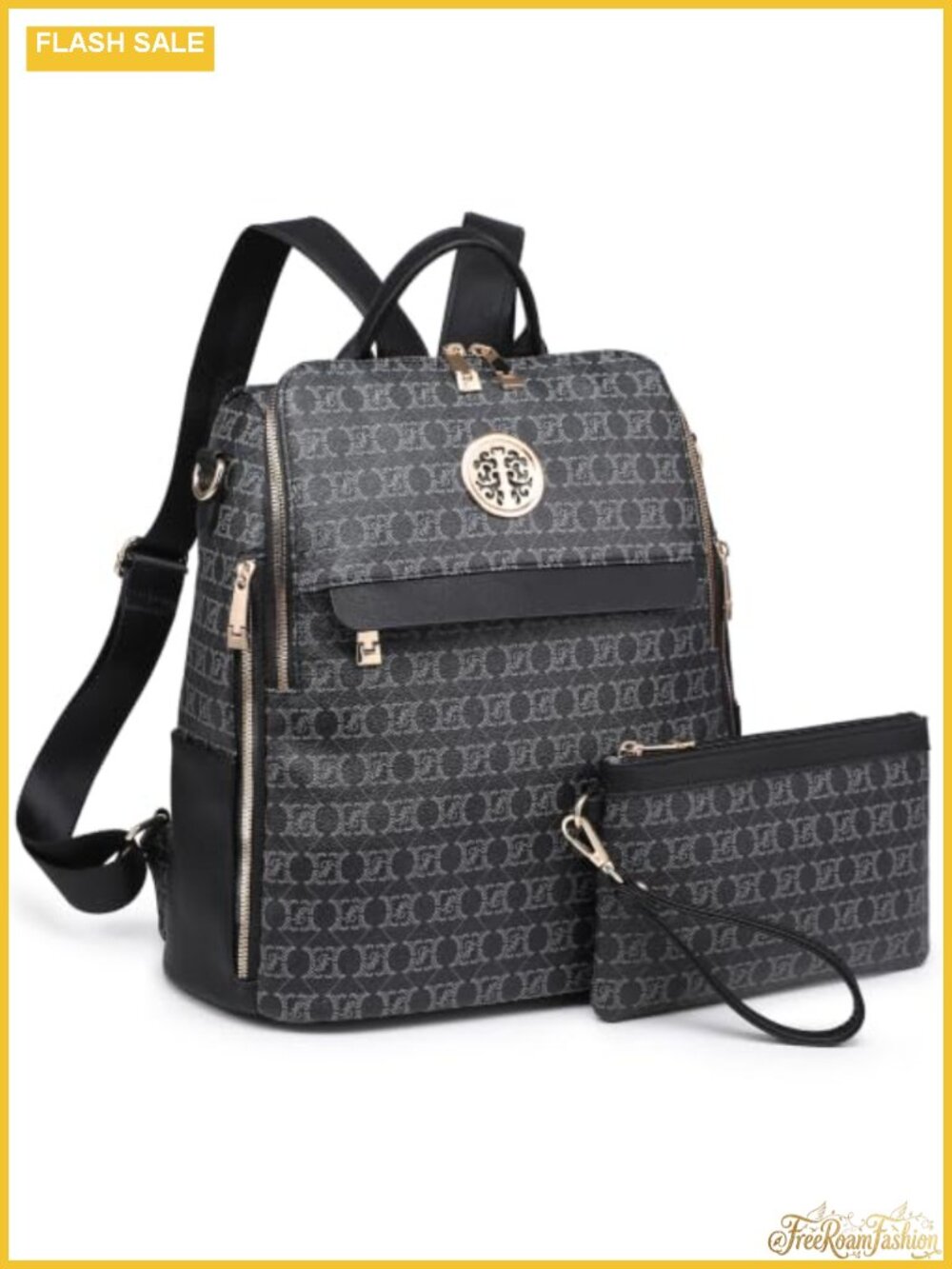 Women's Convertible Faux Leather Backpack Purse 2PC Set with Wristlet